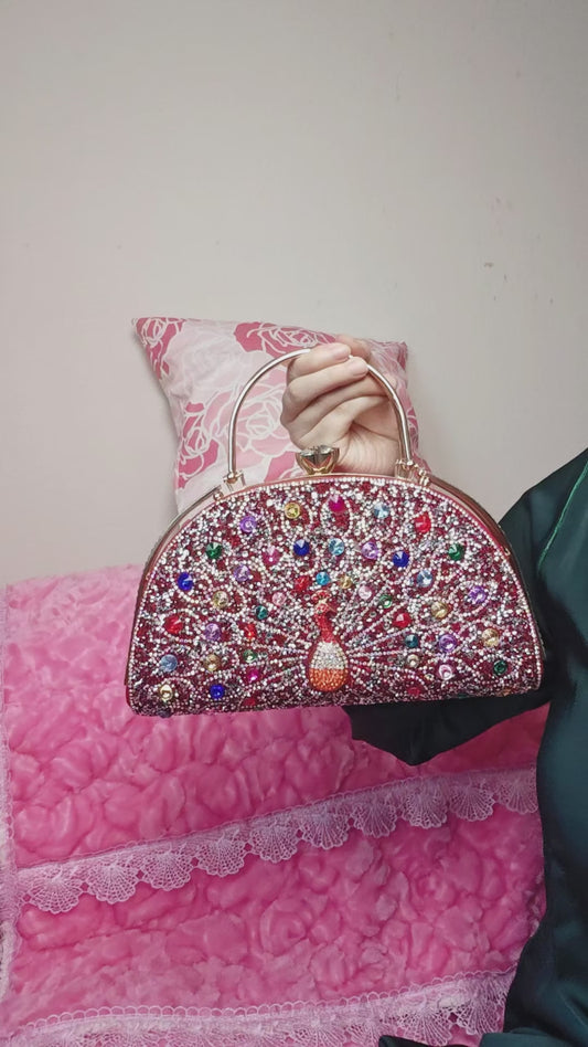 Burgundy-Base Multi-Colored Crystal Peacock-Pattern Evening Handbag