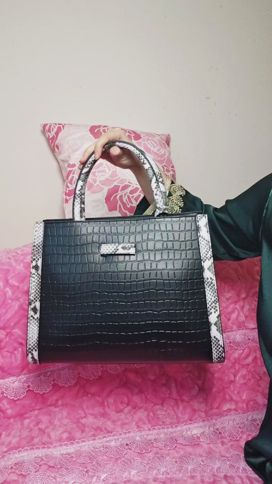 Black Crocodile & Snake-Print Panel Tote Bag