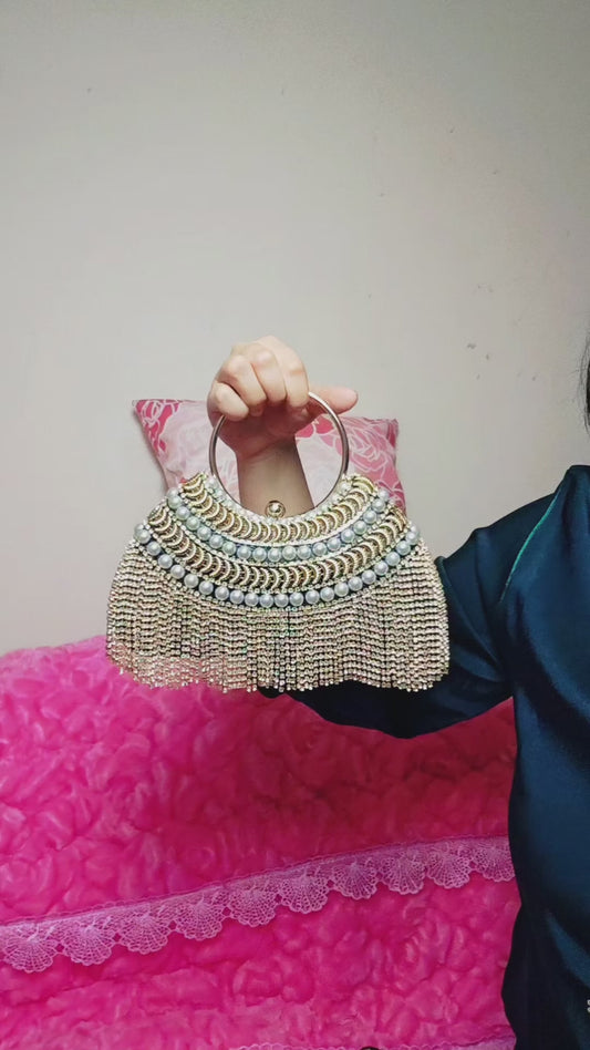 Gold-Brown Pearl & Crystal Tassel Hoop-Handle Evening Handbag