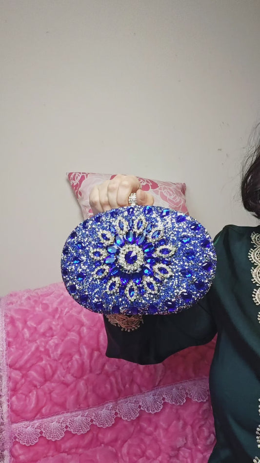 Blue Crystal-Embellished Oval Evening Clutch