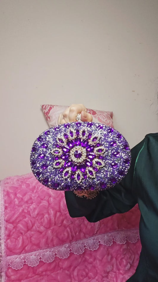Purple Crystal-Embellished Oval Evening Clutch