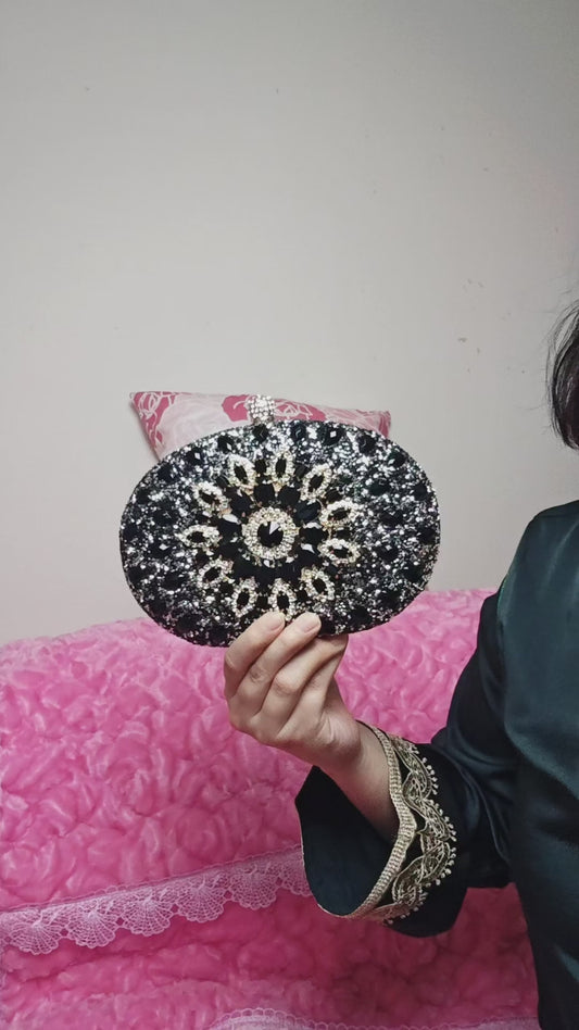Black & Gold Crystal Floral Evening Clutch