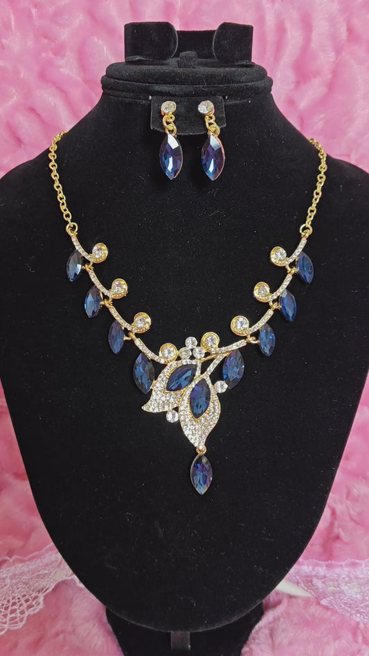 Gilded Blue Gem Leaf & Teardrop Necklace & Earring Set