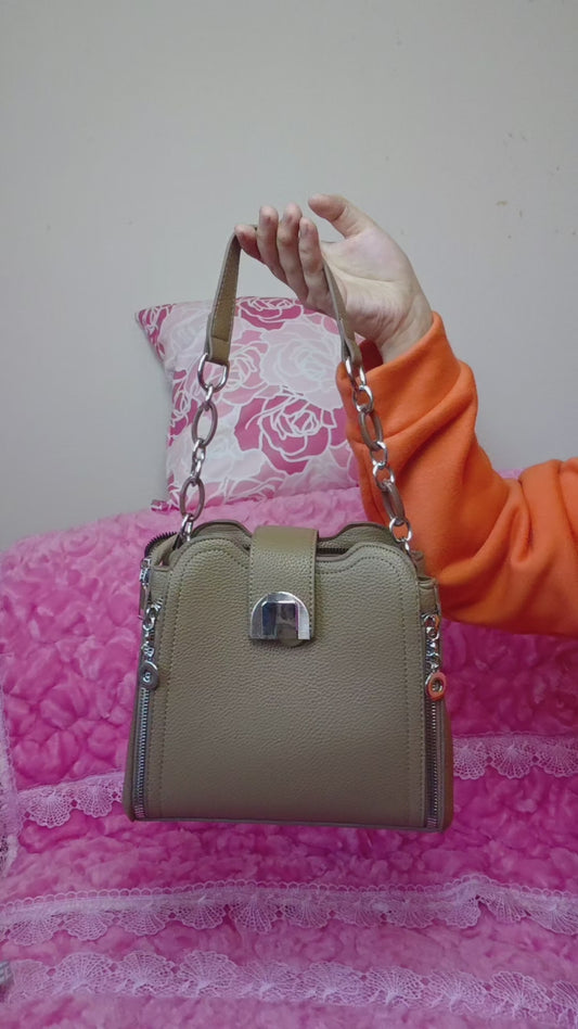 Tan Leather Handbag with Metal Buckle