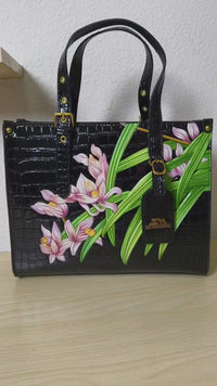 Black Crocodile Embossed Foam Print Pink-Purple Orchid Structured Bag (E88)