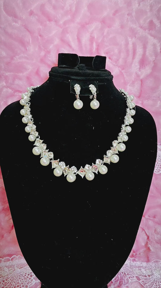 Silver-Tone Pearl & Baguette Crystal Necklace & Earring Set