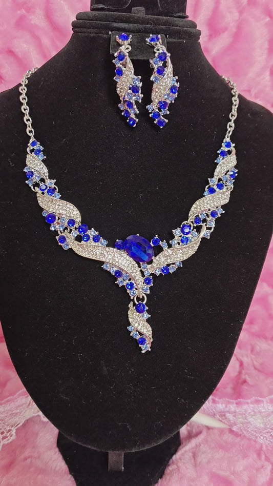 Silver Blue Gem Wing & Baguette Crystal Necklace & Earring Set