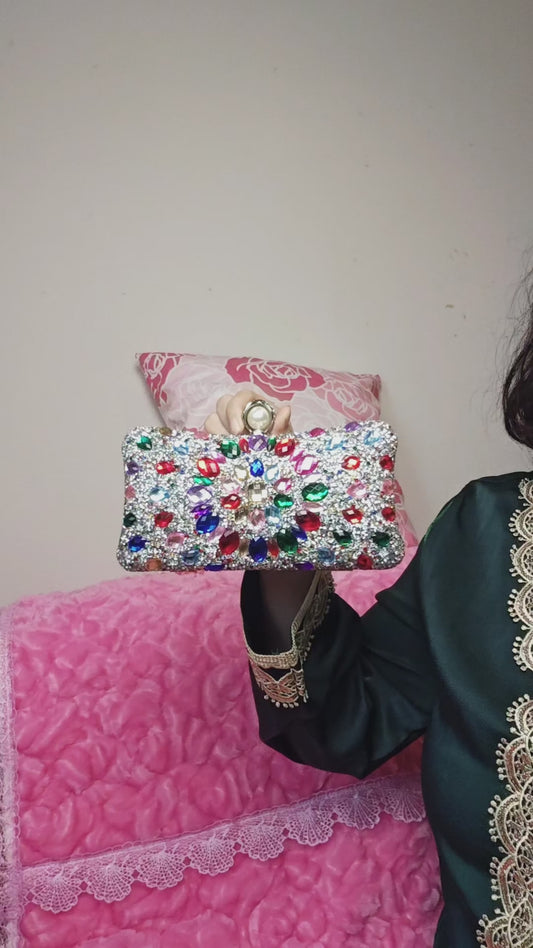 Multi-Colored Crystal-Embellished Evening Clutch with Pearl Buckle