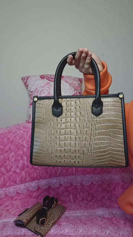 Light Brown Gradient Crocodile-Print Contrast Handbag