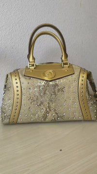 Gold Python Embossed Rhinestone Boston Bag (E62)