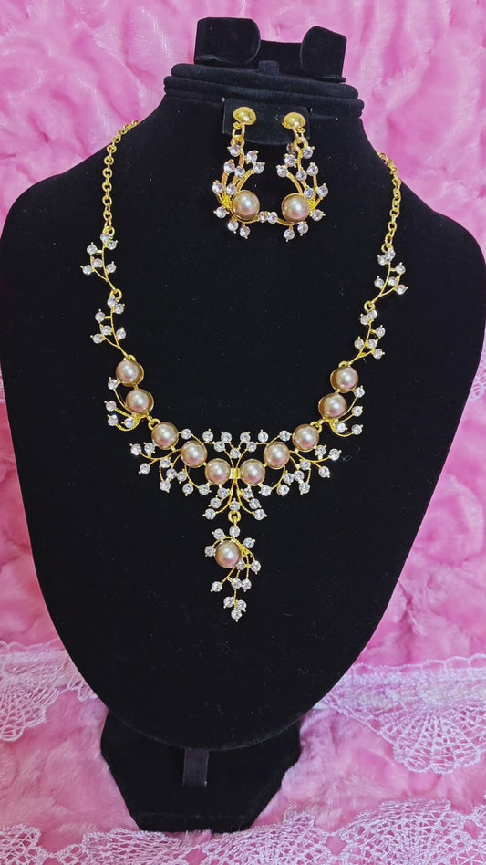 Gilded Champagne Pearl & Crystal Vine Necklace & Earring Set