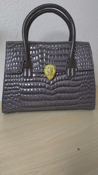 Trendy Dark Grey Patent Croc Embossed Tote with Gold Buckle (E115)