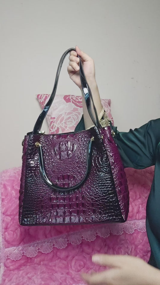 Deep Purple Patent 3D Crocodile-Print Handbag with Contrast Handles