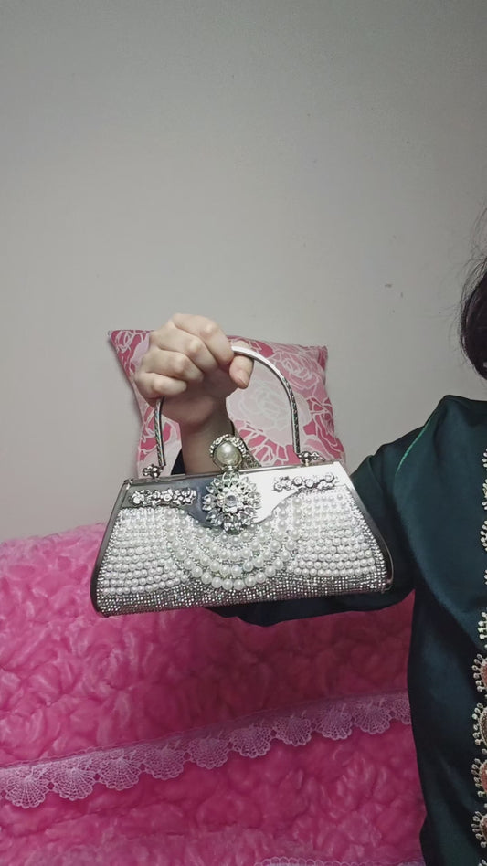 Pearl & Silver Crystal Floral Evening Handbag