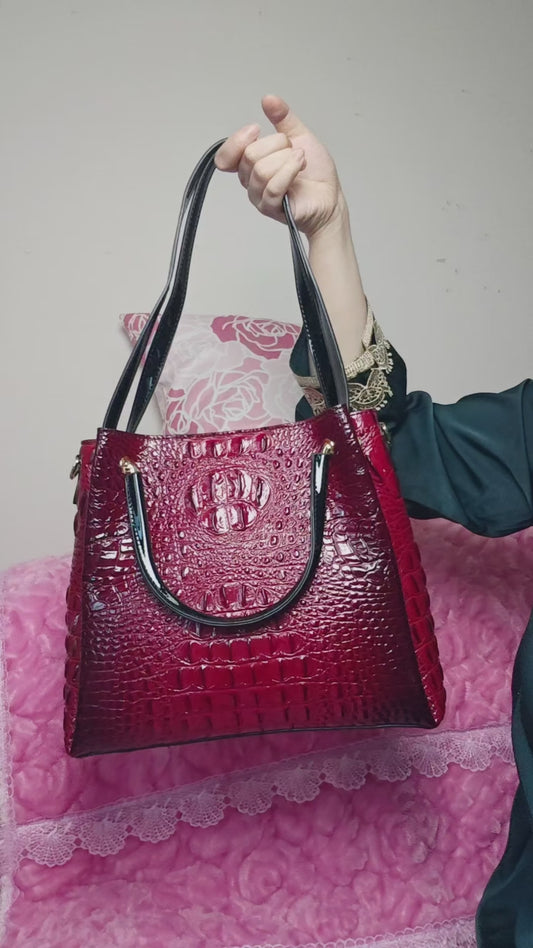 Burgundy Patent 3D Crocodile-Print Handbag with Contrast Handles