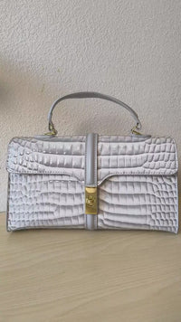 Light Grey High Gloss Arch Bead Crocodile Embossed Boston Bag (E125)
