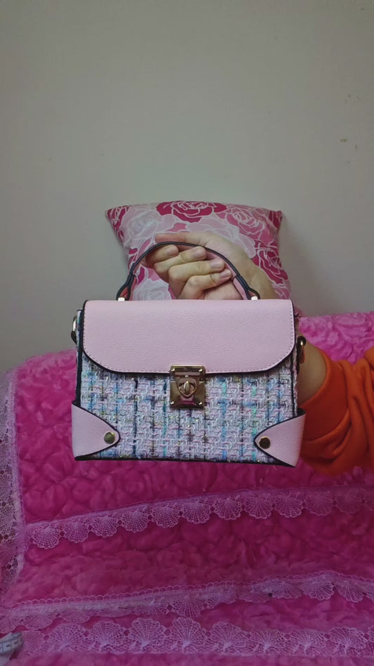 Light Pink & Tweed Handbag with Metal Buckle