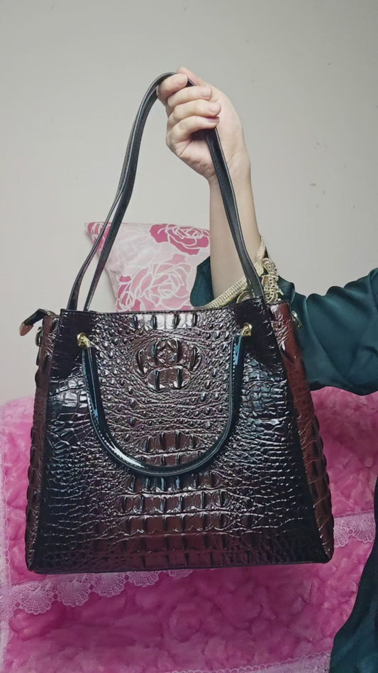 Dark Brown Patent 3D Crocodile-Print Handbag with Contrast Handles