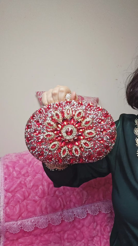 Red Crystal-Embellished Oval Evening Clutch
