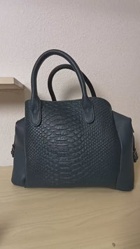 Dark Blue 3D Python & Fish Scale Embossed Boston Bag (E131)