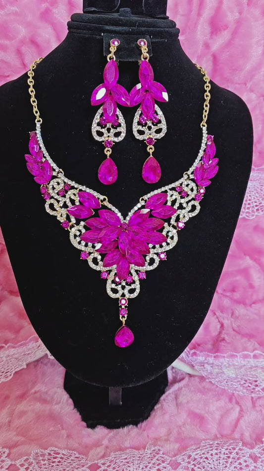 Gilded Fuchsia Gem Filigree Necklace & Earring Set