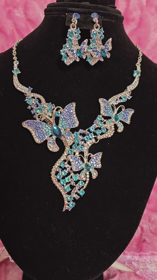 Silver Aqua-Blue Gem Butterfly Necklace & Earring Set