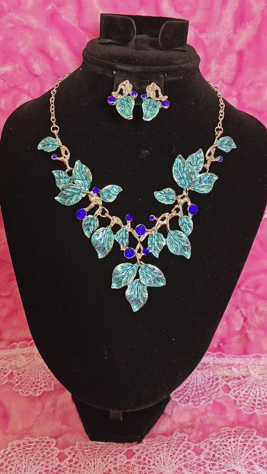 Silver-Tone Aqua Leaf & Blue Crystal Necklace & Earring Set
