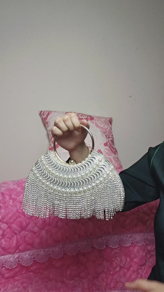 Silver Crystal & Pearl-Embellished Evening Handbag with Metal Handle