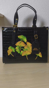 Black Crocodile Embossed Foam Print Yellow-Green Maple Leaf Structured Bag (E87)