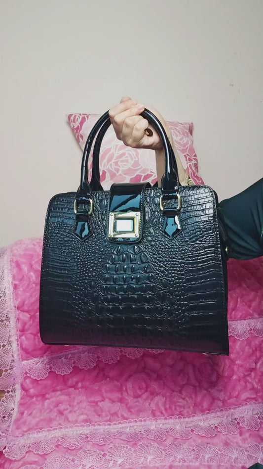 Glossy Black Croc Luxury Gilded Lock Bag