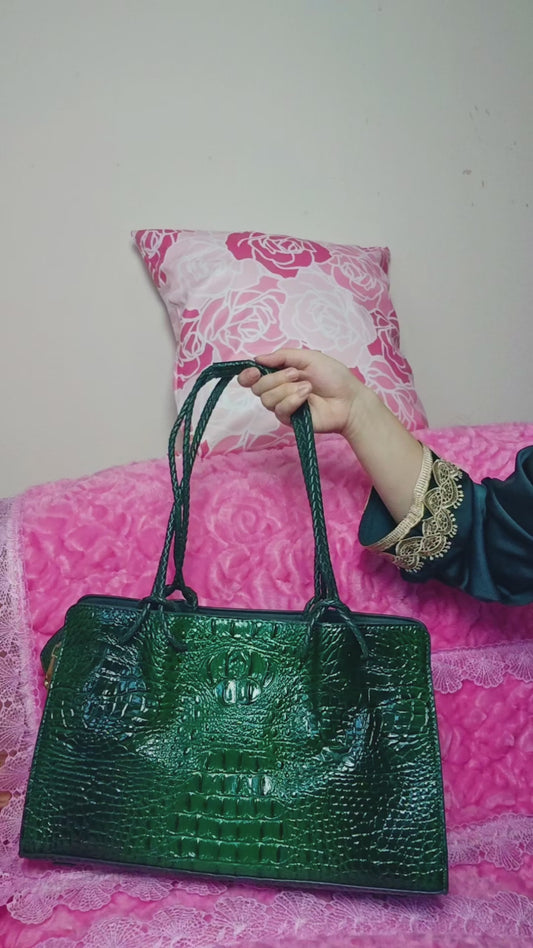 Dark Green Patent 3D Crocodile-Print Handbag with Braided Handles