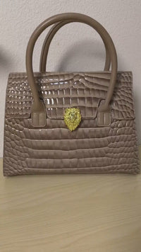 Trendy Khaki Patent Croc Embossed Tote with Gold Buckle (E116)