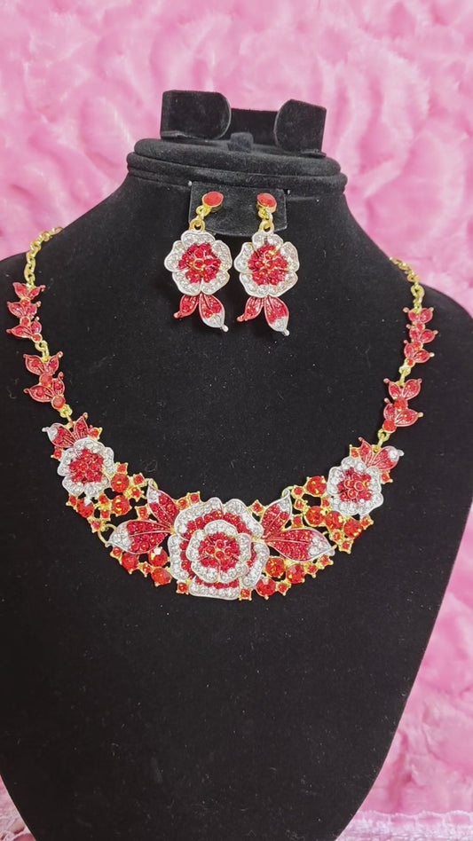 Gilded Red Enamel Camellia Cluster Necklace & Earring Set