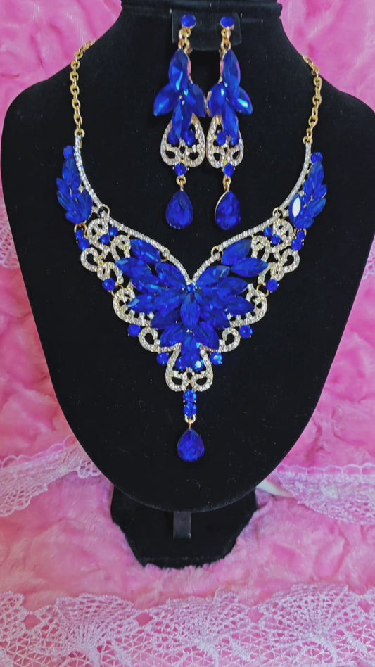Gilded Cobalt Blue Gem Filigree Necklace & Earring Set