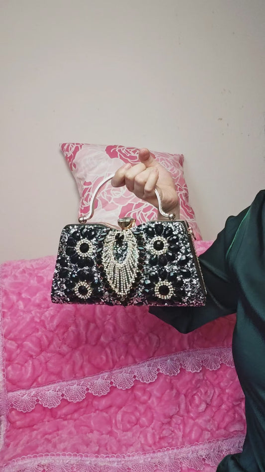 Black & Gold Crystal Fan-Pattern Evening Handbag