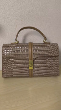 Khaki High Gloss Arch Bead Crocodile Embossed Boston Bag (E123)