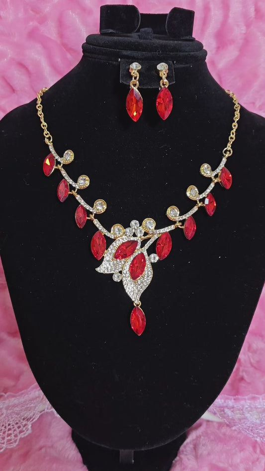 Gilded Red Gem Leaf & Teardrop Necklace & Earring Set