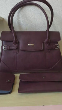Burgundy Matte Leather 3-Piece Structured Tote Bag Set (E69)