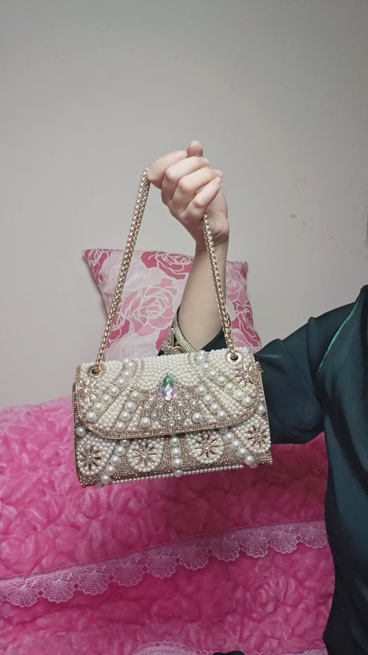 Gold-Brown Pearl & Crystal Chain Evening Clutch