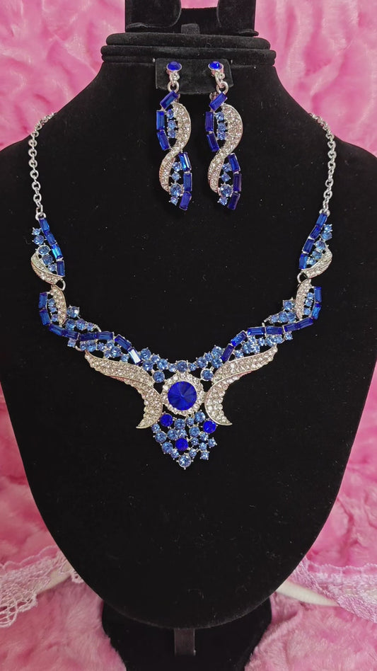 Silver Sapphire Wing & Baguette Crystal Necklace & Earring Set