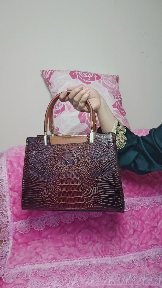 Tan-Brown Patent 3D Crocodile-Print Handbag with Contrast Panels