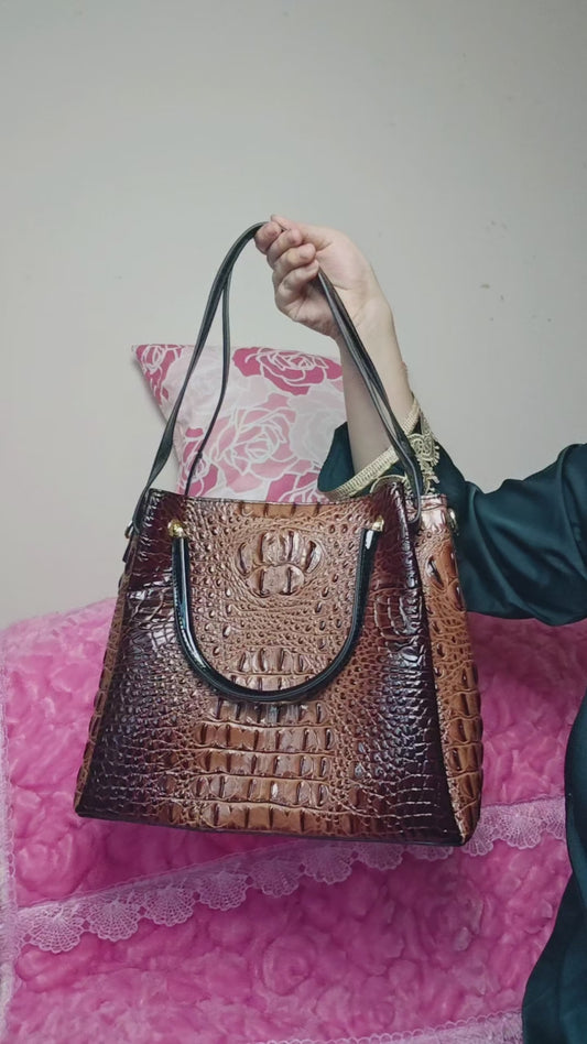 Tan-Brown Gradient Patent 3D Crocodile-Print Handbag with Contrast Handles