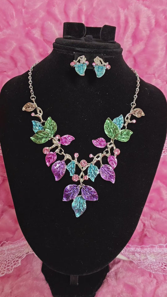 Silver Pastel Enamel Ivy Leaf Necklace & Earring Set