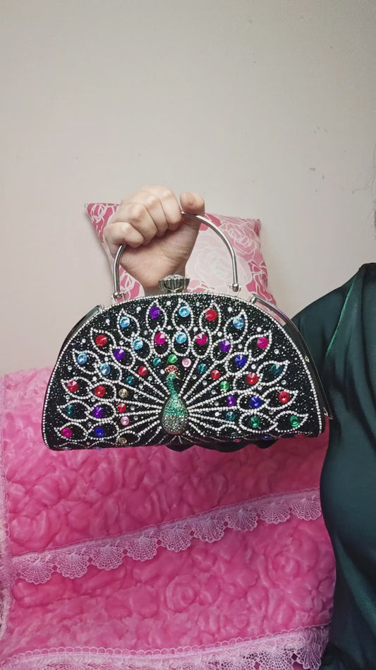 Black-Base Multi-Colored Crystal Peacock-Pattern Evening Handbag