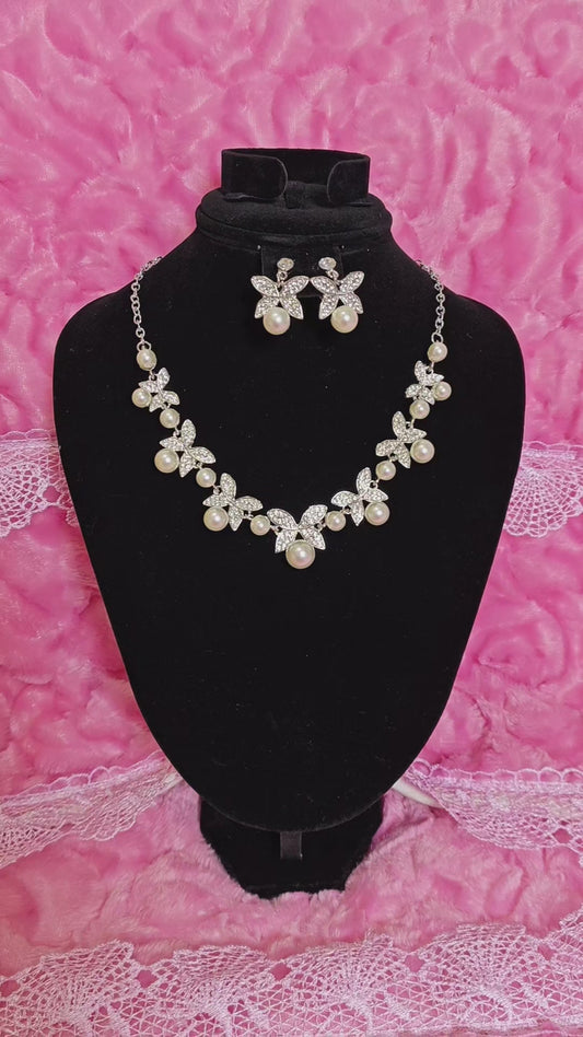 Crystal Butterfly & Pearl Cluster Necklace & Earring Set