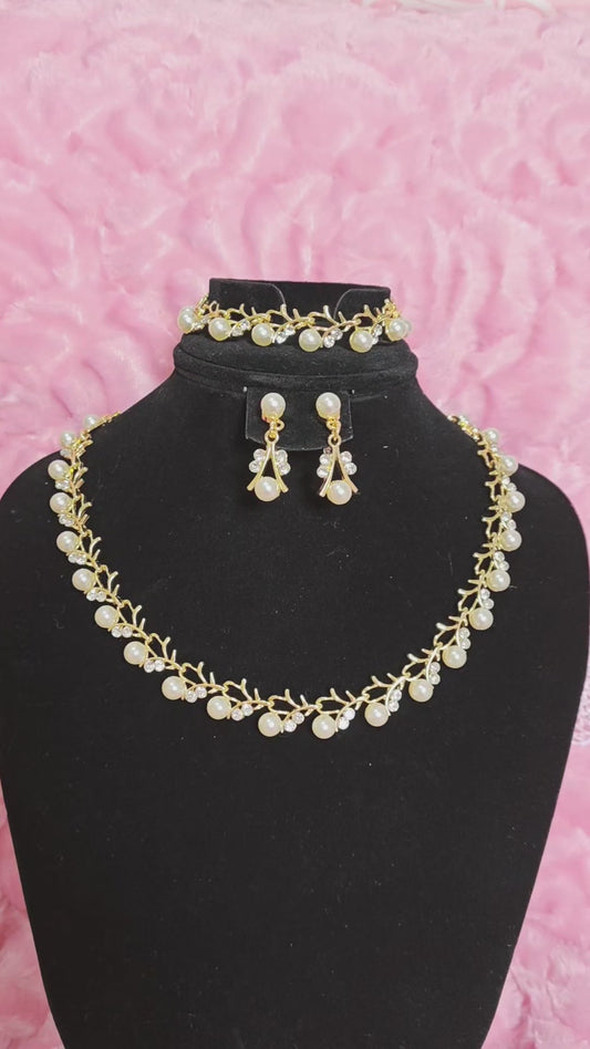 Gilded Pearl & Crystal Twig Necklace & Earring Set