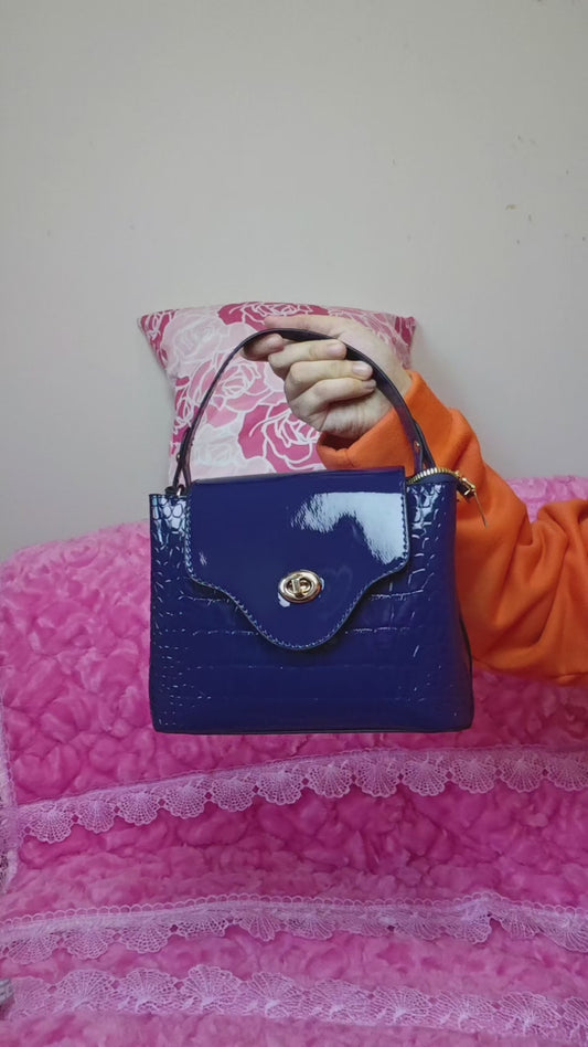 Deep Purple Patent Crocodile-Print Handbag with Metal Round Buckle
