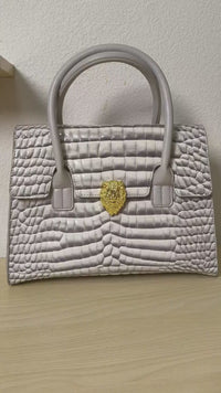 Trendy Light Grey Patent Croc Embossed Tote with Gold Buckle (E114)