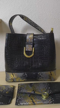 Black Crocodile & Python Print 3-Piece Bucket Bag Set (E74)