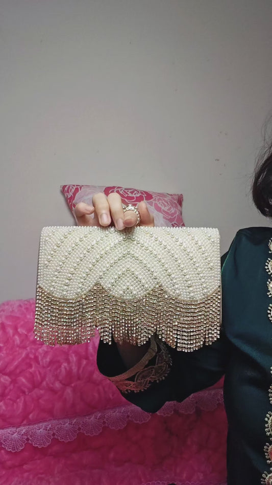 Off-White Pearl & Gold Crystal Tassel Hoop-Handle Evening Clutch